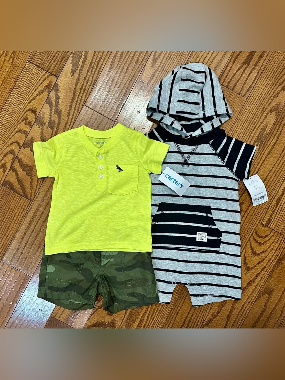 Carter's Yellow Henley Tee & Camo Shorts With Gray & Black Striped Romper Set